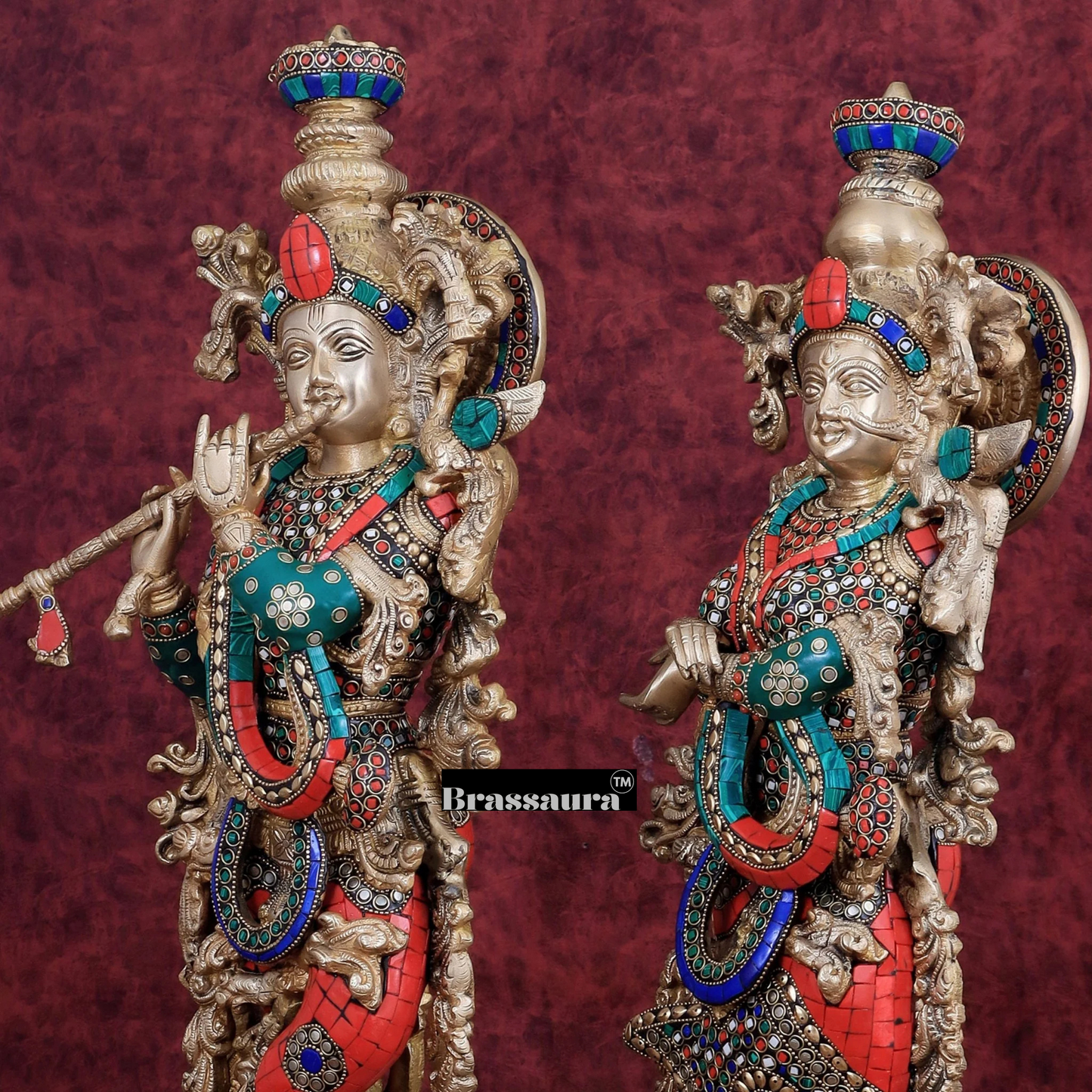 Brassaura™ Brass Radha Krishna Idol Pair with Double-Layered Meenakari – Height 25.5 Inches & Weight 25 Kgs | Elegant Devotional Statue