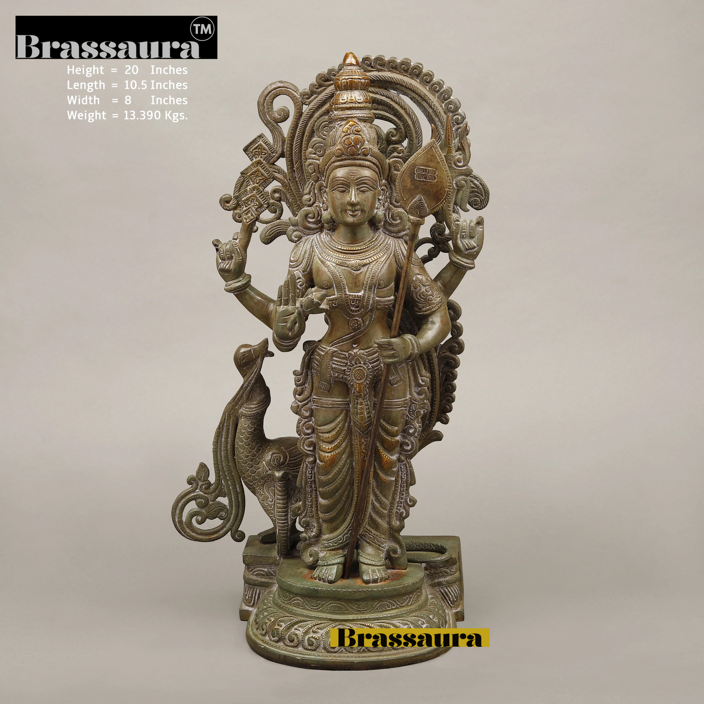 Brassaura™ Kartikeya Murugan Statue – 20 Inches Height, 13.39 Kgs – Exquisite Brass Idol