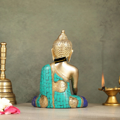 Brassaura™ Brass Buddha Statue with Intricate Stonework – Height 8 Inches & Weight 2 Kgs