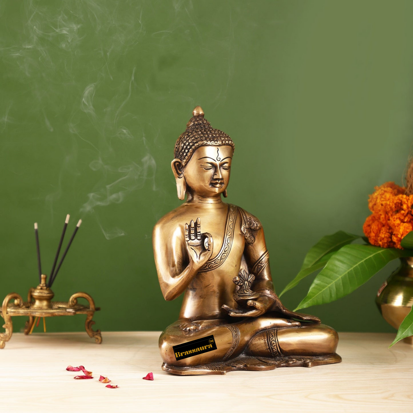 Brassaura™ Smooth Matte Gold Brass Buddha Statue – Abhaya Mudra – Height 10.5 Inches, Weight 5.5 Kgs