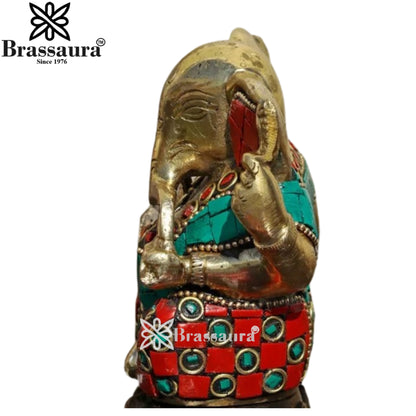 Brass Gem Stone Work Ganesha Statue Weight .6 Kg And Height 9.5 Inch