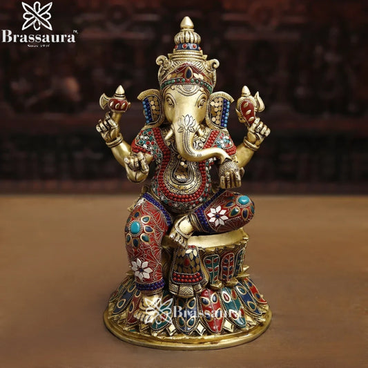 Brass Gem Stone Work Ganesha Weight 9.8 Kg & Height 14.5 Inch