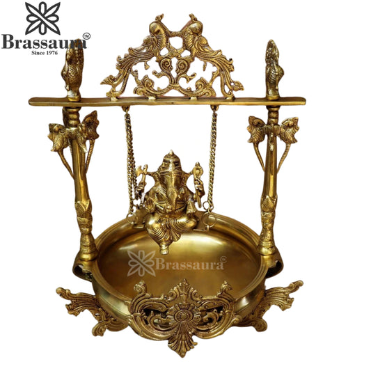 Brassaura® Ganesha Jhula Brass Urli | Handcrafted Decorative Centerpiece | Height 24 Inches & Weight 17 Kgs