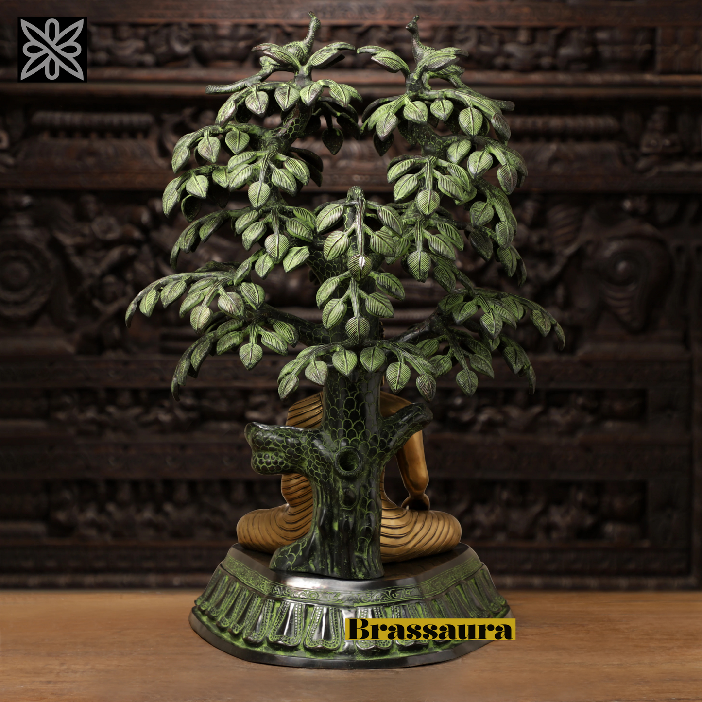 Brassaura™ Brass Buddha Statue in Bhumisparsha Mudra under Bodhisattva Tree – Height 30 Inches | Weight 37.12 Kgs | Golden & Green Finish