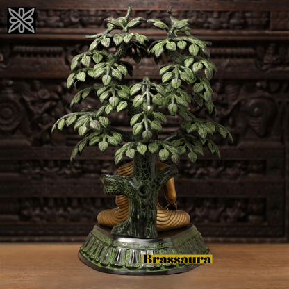 Brassaura™ Brass Buddha Statue in Bhumisparsha Mudra under Bodhisattva Tree – Height 30 Inches | Weight 37.12 Kgs | Golden & Green Finish