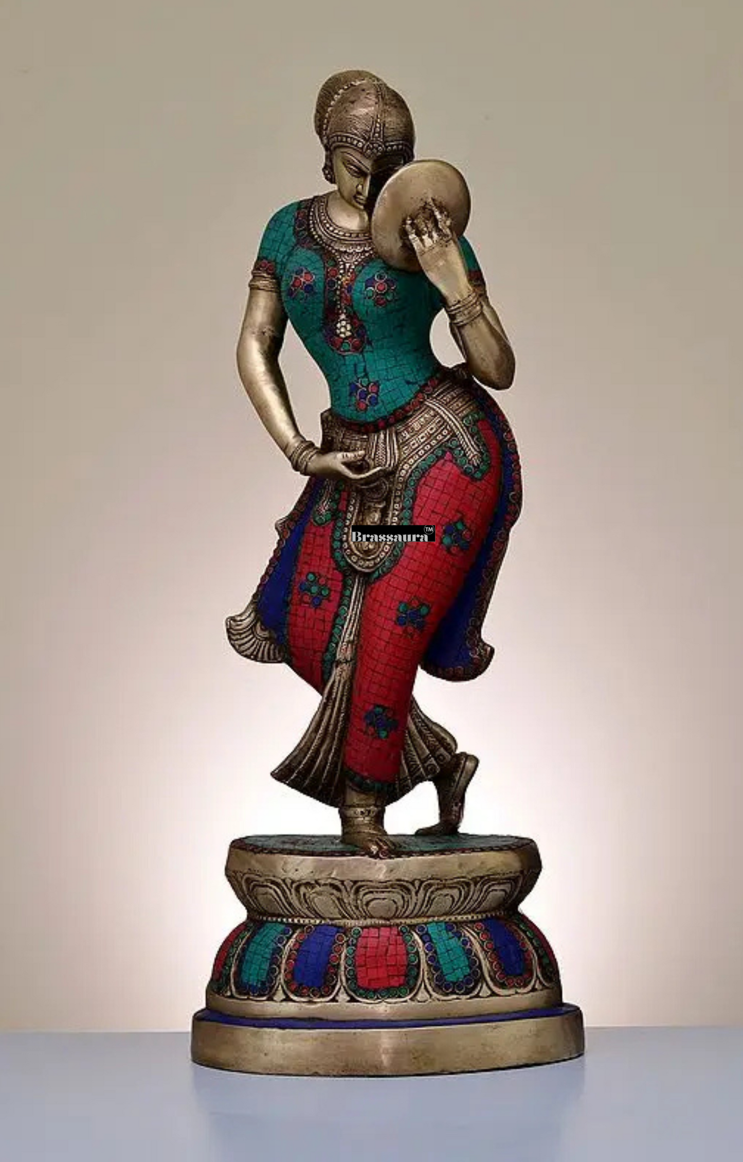 Brassaura™ Large Brass Mirror Lady with Inlay Work – Height 36 inches | Weight 26.68 kgs