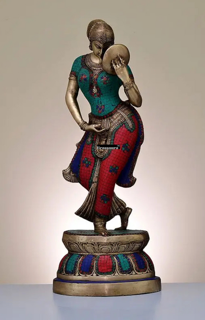 Brassaura™ Large Brass Mirror Lady with Inlay Work – Height 36 inches | Weight 26.68 kgs