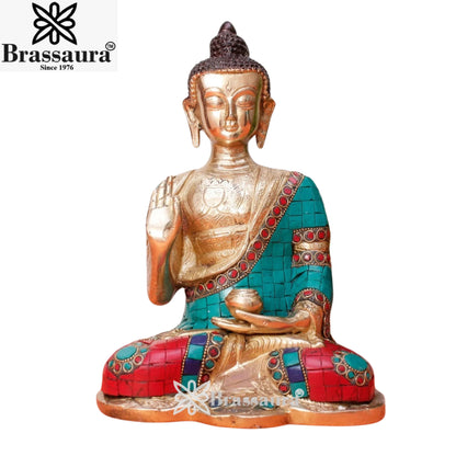 Brass Blessing Gem Stone Work Buddha Weight 3.8 kg & Height 10.5 Inch