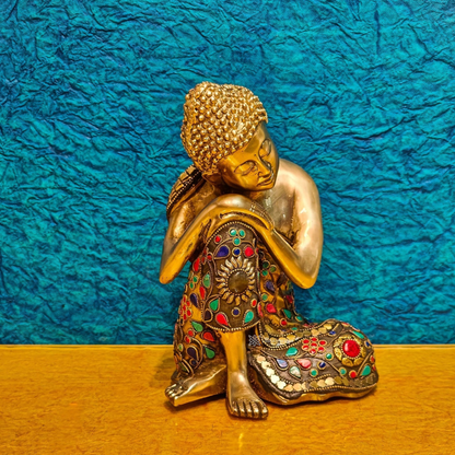 Brassaura™ Brass Thinking Buddha Statue – Height = 9 Inches | Weight = 4.2 Kgs | Meenakari & Wire Work