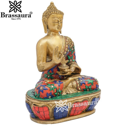 Brass Blessing Gem Stone Work Buddha Weight 3.5 kg & Height 9 Inch