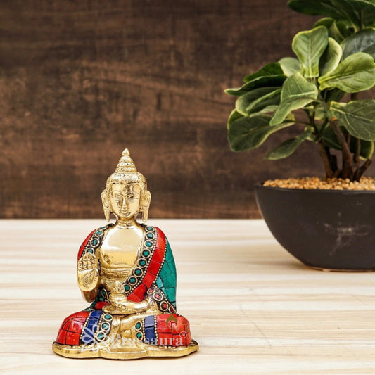 Brass Blessing Gem Stone Work Buddha Weight 0.65 kg & Height 5 Inch