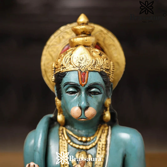 Brassaura® Hanuman Sitting On Earth Blessing Pose Idol with Multi-Color Finish | Pure Superfine Brass Handcrafted Murti | Brass Statue for Home Temple, Pooja Room | Height 11 Inches | Weight 4.63 Kgs