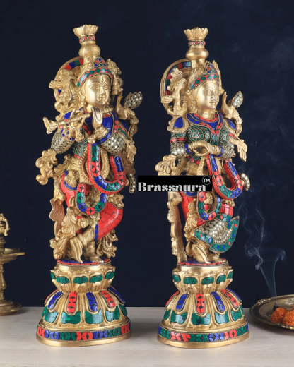 Brassaura™ Pure Brass Radha Krishna Statue with Brass Rings & Stones – Height 21 Inches & Weight 18 Kgs | Elegant Devotional Idol