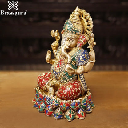 Brass Gem Stone Work Lotus Ganesha Weight 6.4 Kg & Height 12 Inch