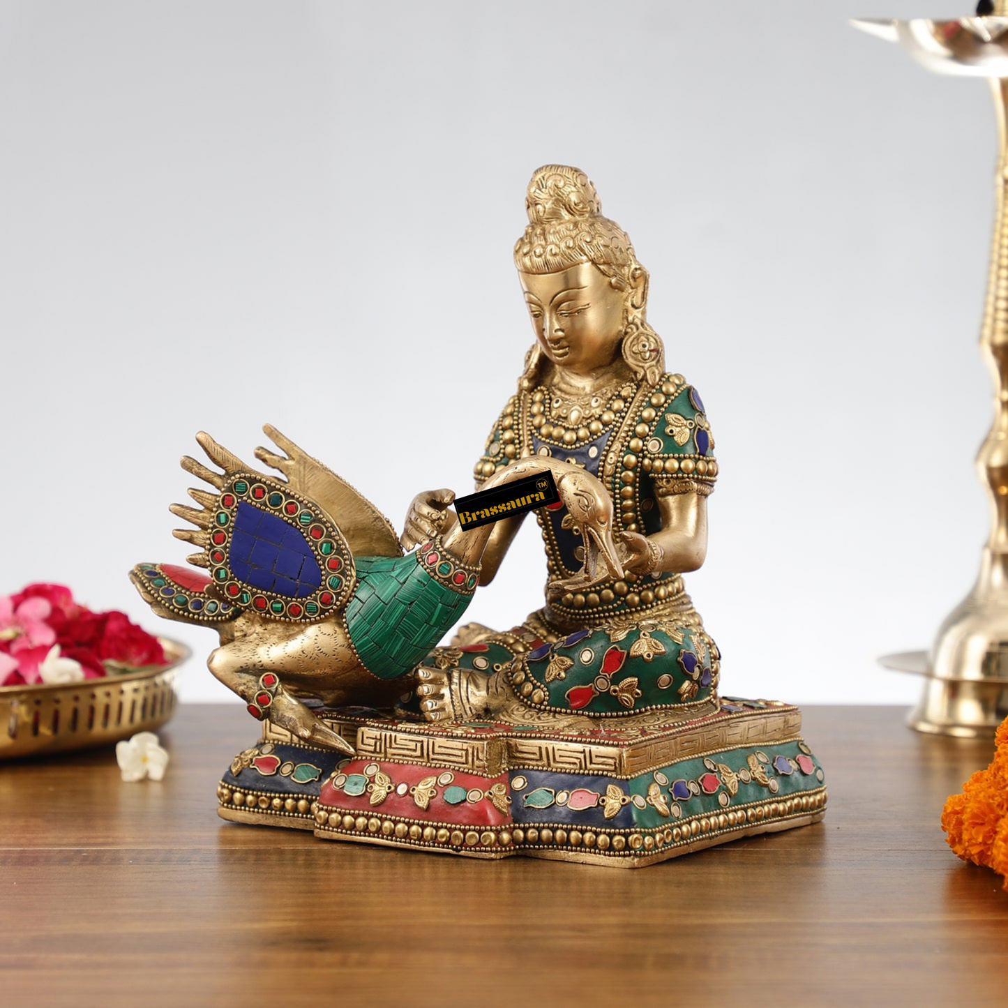 Brassaura™ Brass Buddha Healing the Swan Statue – Height 9 Inches | Weight 5 Kgs | Meenakari & Stonework