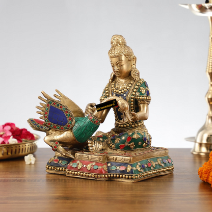 Brassaura™ Brass Buddha Healing the Swan Statue – Height 9 Inches | Weight 5 Kgs | Meenakari & Stonework