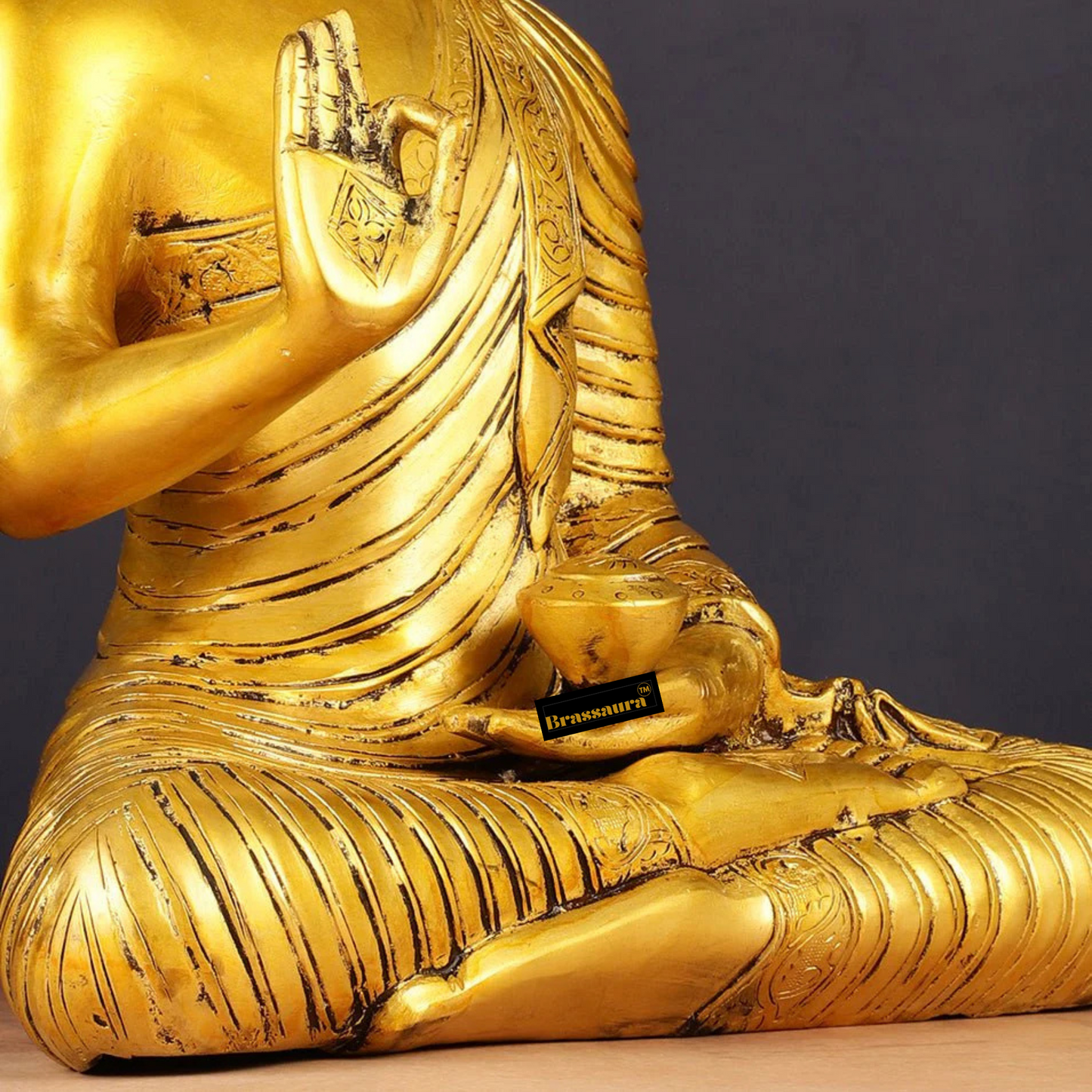 Brassaura™ Pure Brass Buddha Statue in Abhaya Mudra – Height 14 Inches, Weight 7 Kgs