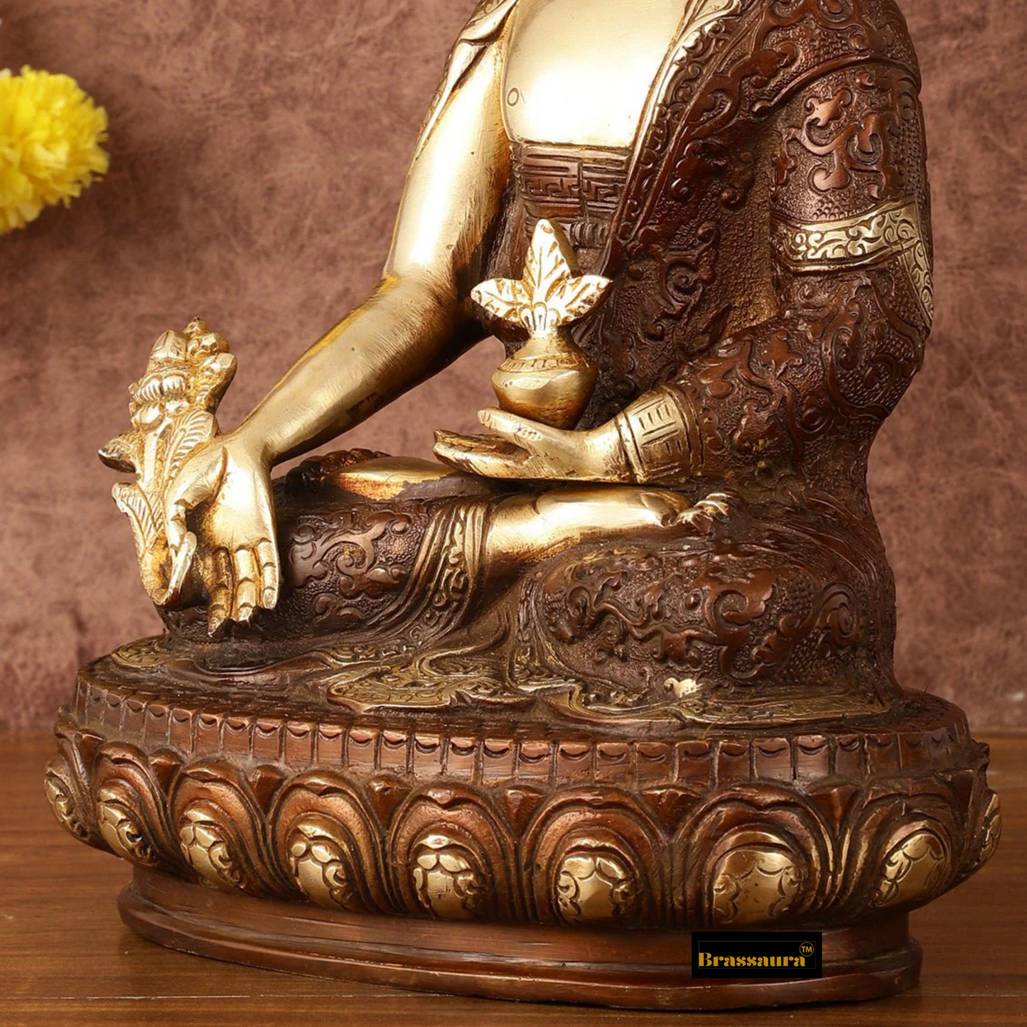 Brassaura™ Pure Brass Superfine Dual Tone Medicine Buddha Statue – Height 12.5 Inches, Weight 5.25 Kgs