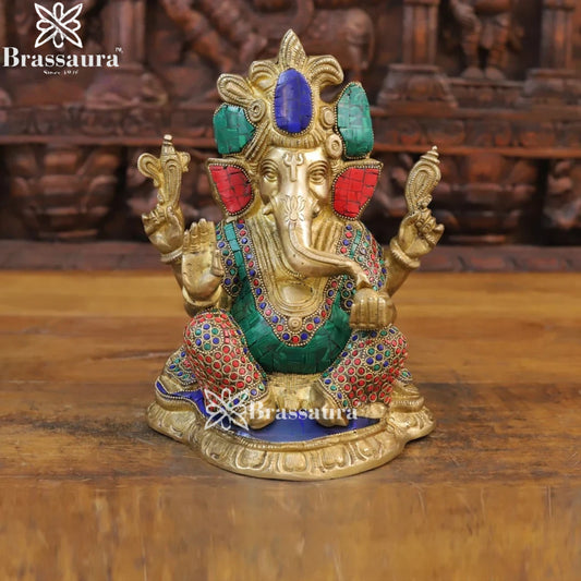 Brass Gem Stone Work Ganesha Weight 6 Kg & Height 11 Inch