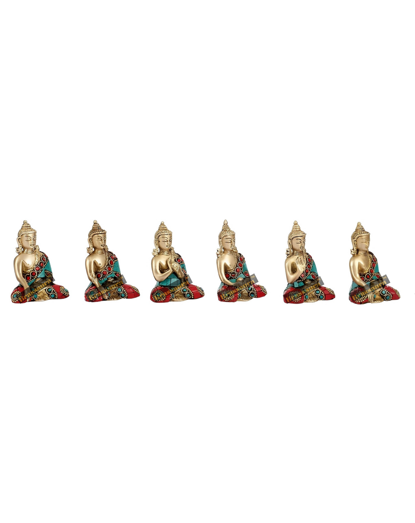 Brassaura™ Set of 6 Miniature Brass Buddha Statues – Height 3 Inches | Weight 3.2 Kgs | Different Mudras
