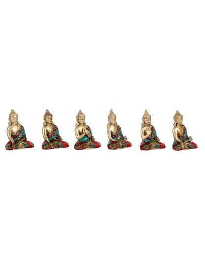 Brassaura™ Set of 6 Miniature Brass Buddha Statues – Height 3 Inches | Weight 3.2 Kgs | Different Mudras
