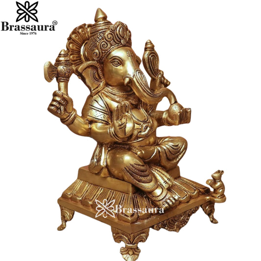 ब्रसौर्रा® सुपरफ़ाइन ब्रास गणेश ऑन पेडस्टल | पारंपरिक हस्तनिर्मित मूर्ति | ऊंचाई 13 इंच