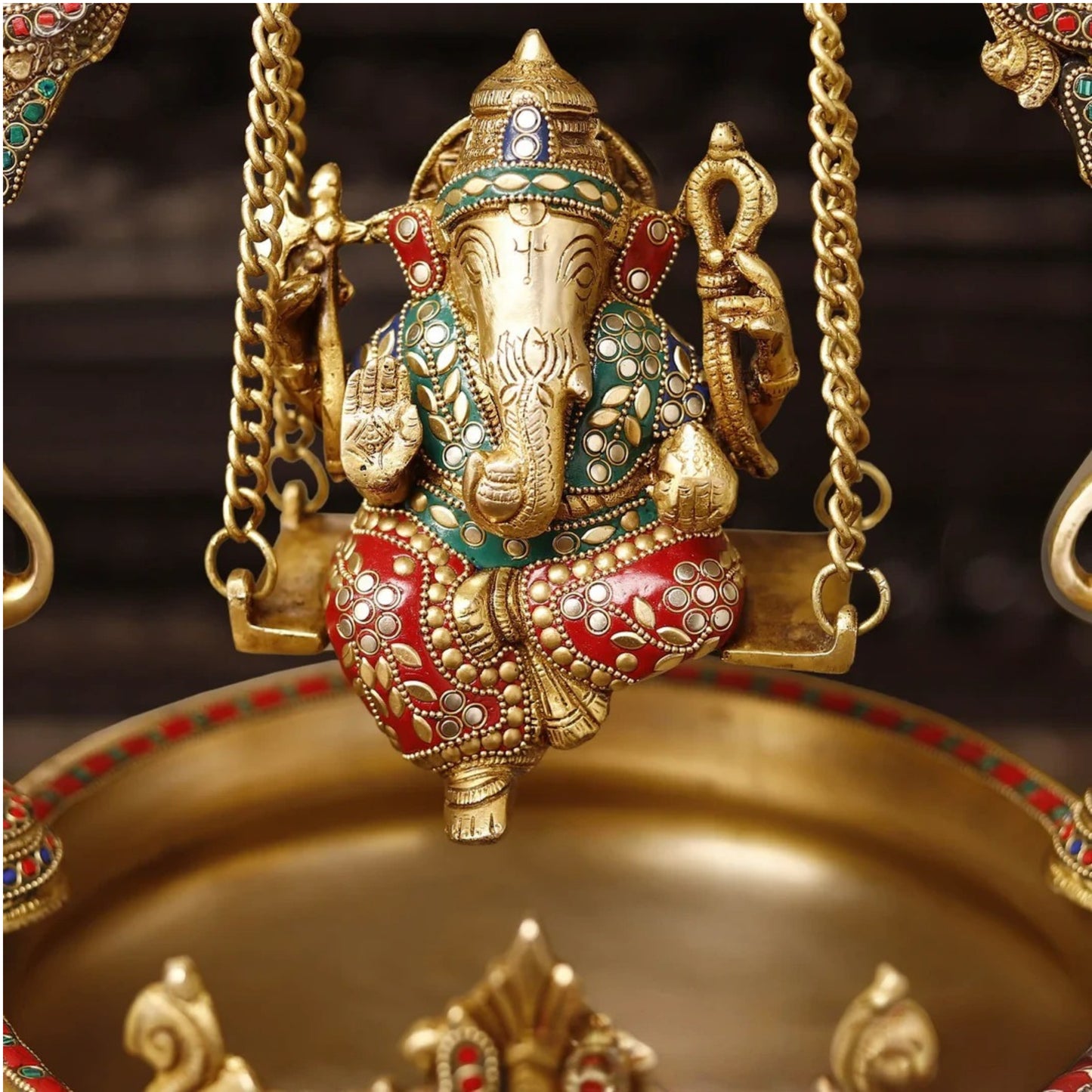 Brass Gem Stone Work Ganesha Urli Statue Weight 12.08 Kg And Height 20 Inch