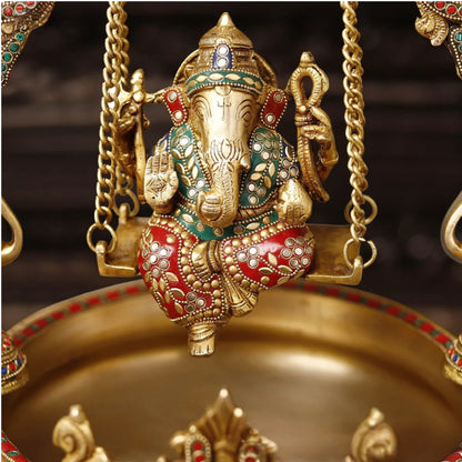 Brass Gem Stone Work Ganesha Urli Statue Weight 12.08 Kg And Height 20 Inch