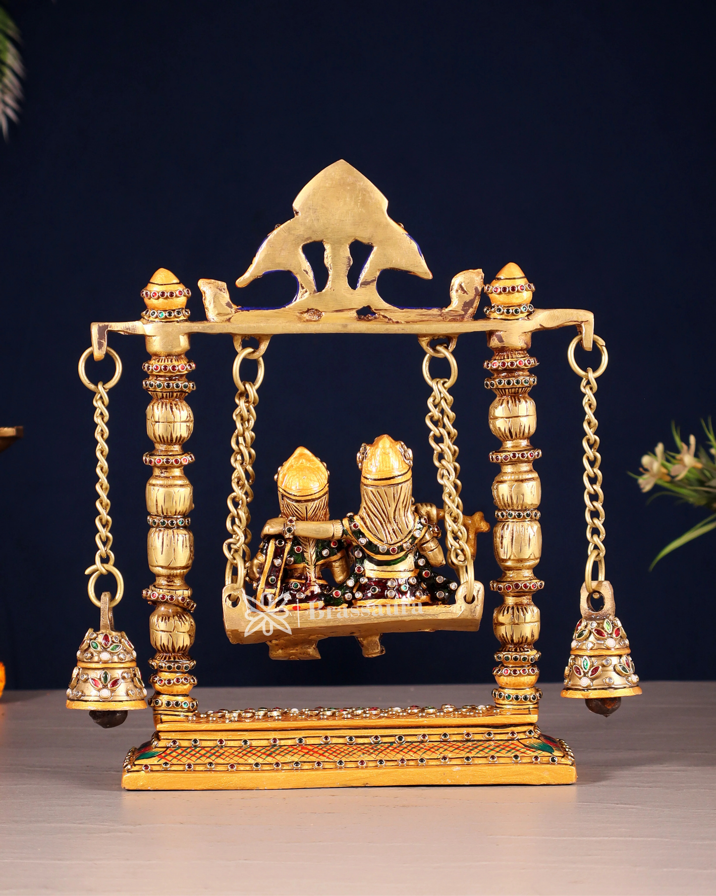 Brassaura™ Brass Radha Krishna Swing Idol with Laakh Meenakari – Height 10 Inches & Weight 2.5 Kgs | Elegant Devotional Statue