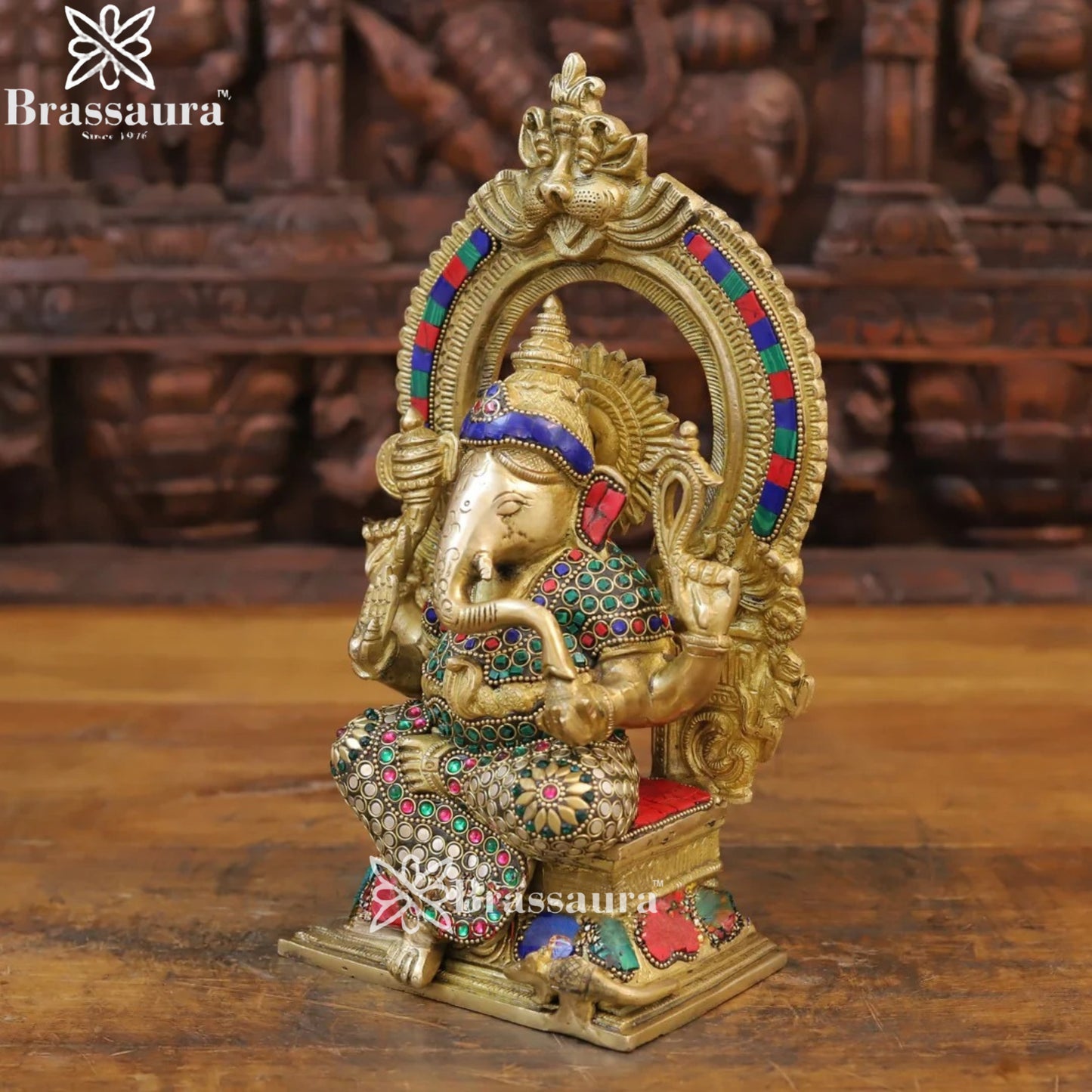 Brass Gem Stone Work Ring Ganesha Weight 4.32 Kg & Height 12 Inch