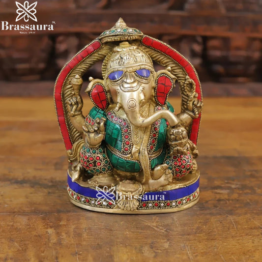 Brass Gem Stone Work Ring Ganesha Weight 3.8 Kg & Height 8.5 Inch