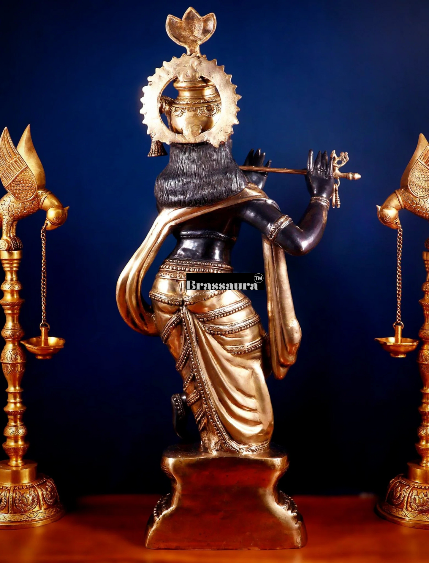 Brassaura™ Large Lord Krishna Brass Statue – Height 36" | Weight 22 Kgs | Black & Golden Finish