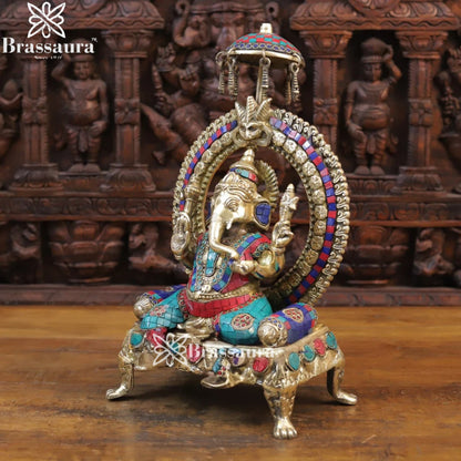 Brass Gem Stone Work Ring Ganesha Weight 9 Kg & Height 18 Inch