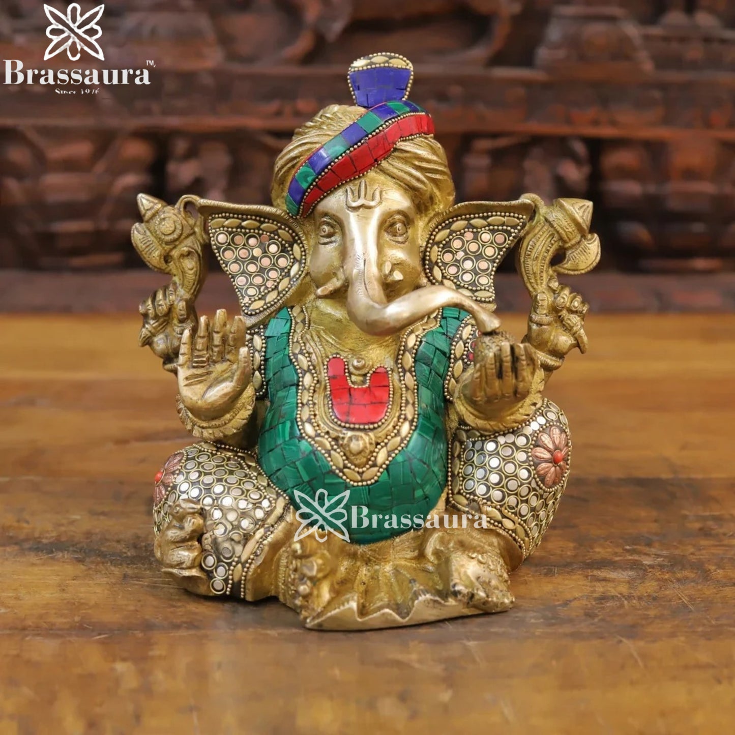 Brass Gem Stone Work Turban Ganesha Weight 5.4 Kg & Height 9 Inch