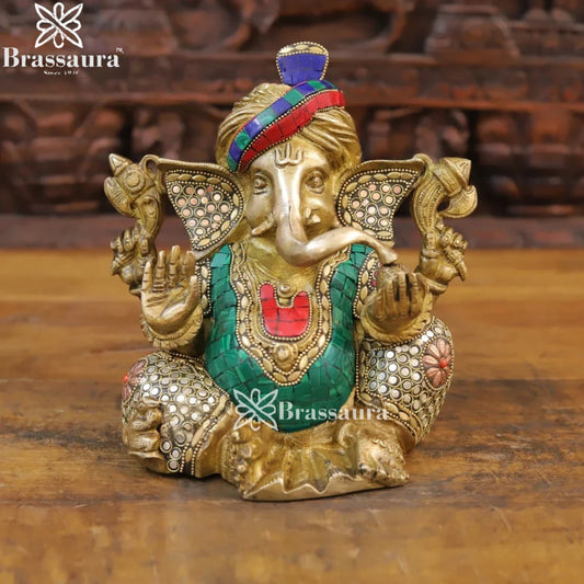Brass Gem Stone Work Turban Ganesha Weight 5.4 Kg & Height 9 Inch