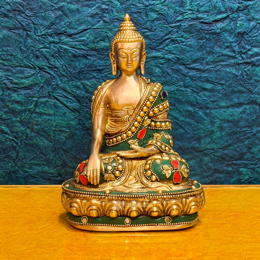Brassaura™ Brass Buddha Statue in Bhoomisparsha Sakhyamuni Mudra – Height 7.5 Inches | Weight 1.7 Kgs | Stone & Brass Work