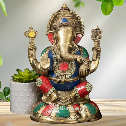 Brass Gem Stone Work Ganesha Statue Weight 8.96 Kg And Height 13.75 Inch