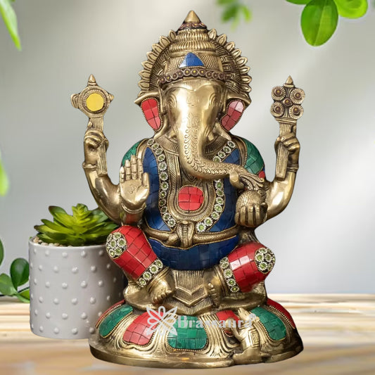 Brass Gem Stone Work Ganesha Statue Weight 8.96 Kg And Height 13.75 Inch