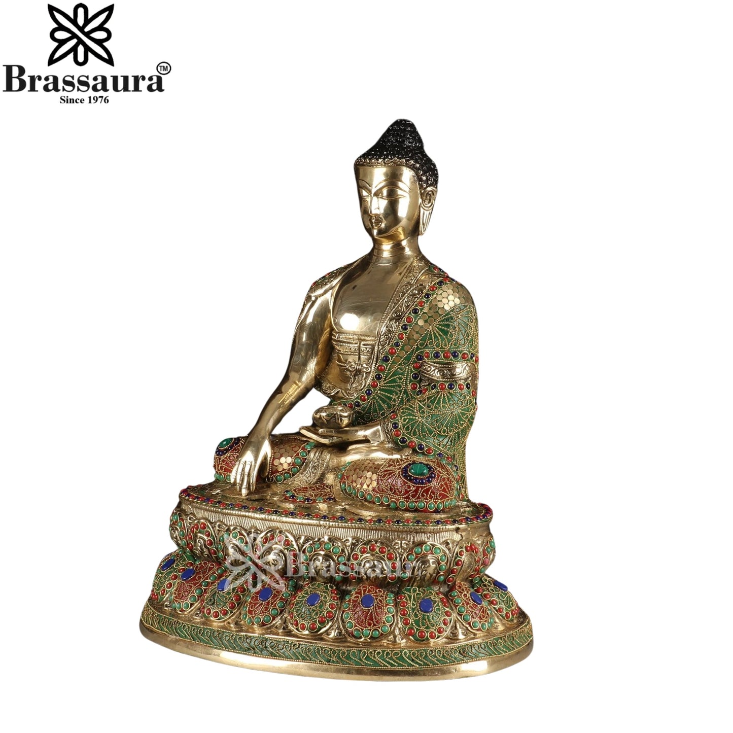 Brass Bhumisprasa Gem Stone Work Buddha Weight 11.5 kg & Height 19 Inch