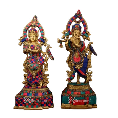 Brass Gem Stone Work Radha Krishna Murti Weight 7.2 Kg And Height 14 Inch
