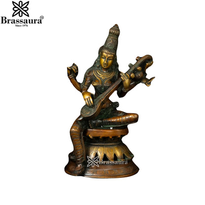 Brassaura™ Brass Saraswati Figurine – Height 12.2 Inches & Weight 4.59 Kgs | Artistic Goddess Statue
