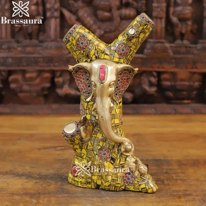Brass Gem Stone Work Tree Ganesha Weight 5.6 Kg & Height 13 Inch