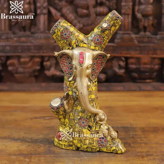 Brass Gem Stone Work Tree Ganesha Weight 5.6 Kg & Height 13 Inch