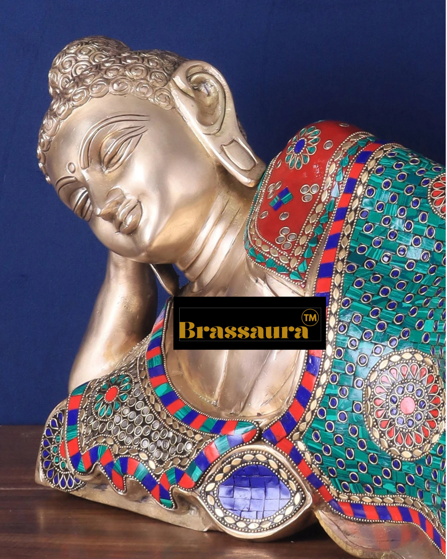 Brassaura™ Brass Resting Buddha Idol with Meenakari Stonework – Height 12 Inches, Weight 18 Kgs