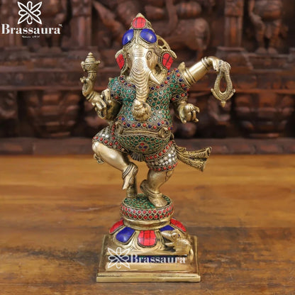 Brass Gem Stone Work Dancing Ganesha Weight 6 Kg & Height 13.5 Inch