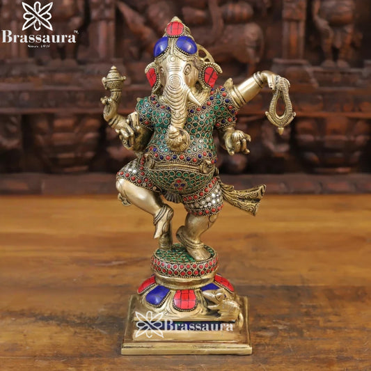 Brass Gem Stone Work Dancing Ganesha Weight 6 Kg & Height 13.5 Inch
