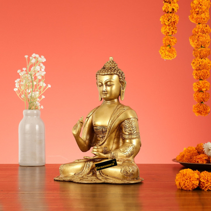 Brassaura™ Brass Buddha Idol in Abhaya Mudra – Height 10 Inches | Weight 2.8 Kgs | Spiritual Decor