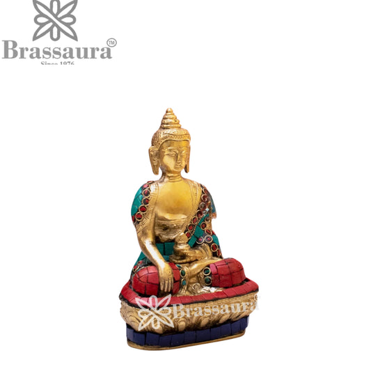 Brassaura® Buddha Sitting in Bhumisparsha Mudra with Turquoise, Red & Blue Inlay and Antique Gold Finish | Pure Superfine Brass Handcrafted Murti | Brass Statue for Home Temple, Pooja Room | Height 7 Inches | Weight 1 Kg