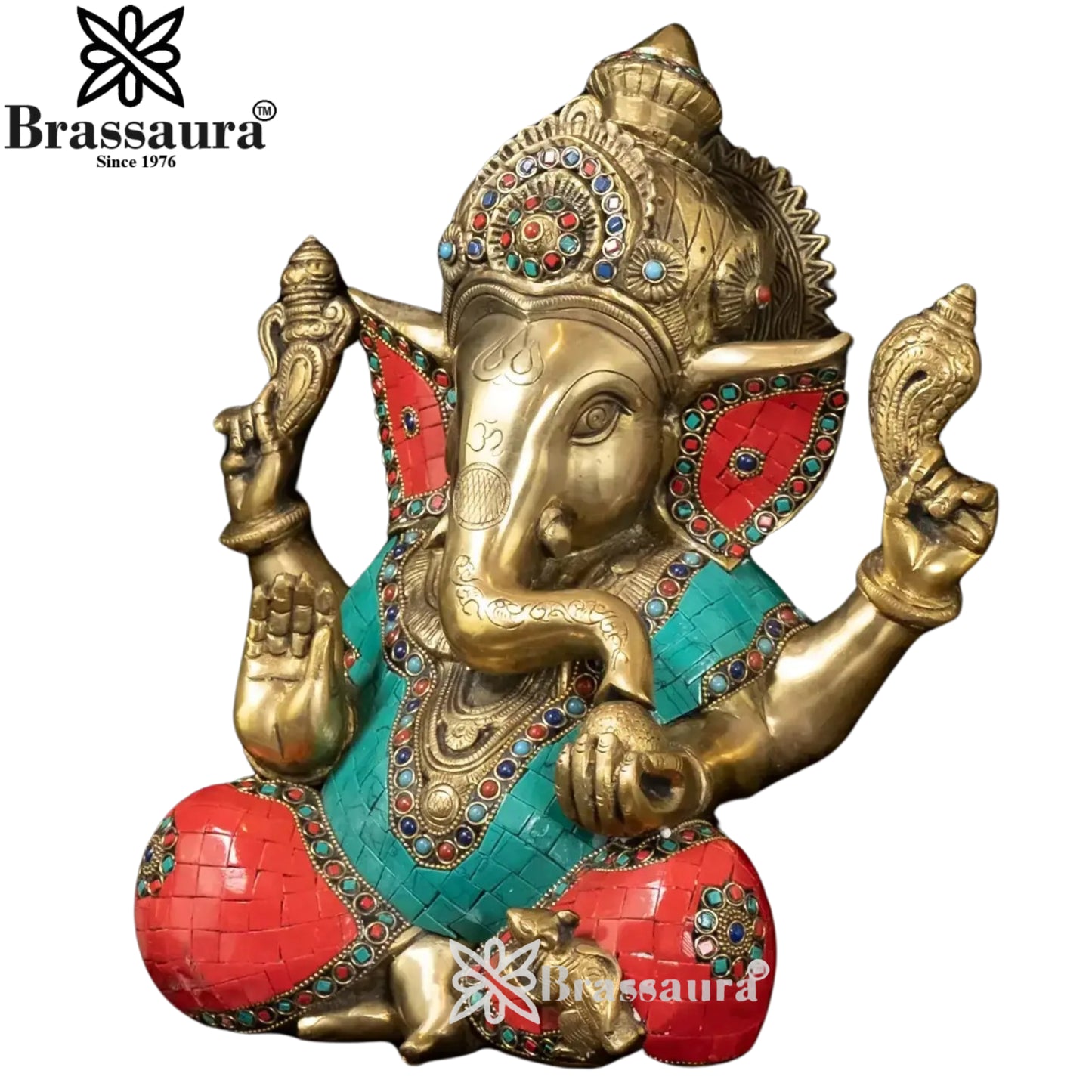 Brass Gem Stone Work Ganesha Statue Weight 9.1 Kg And Height 12 Inch