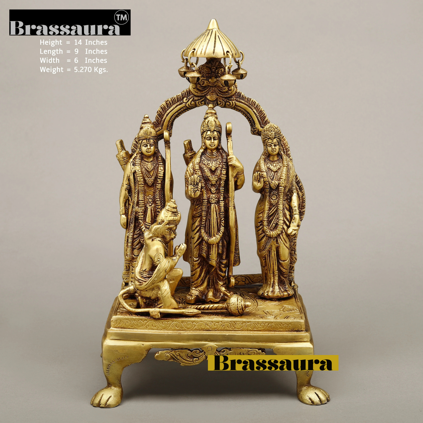 Brassaura™ Pure Brass Ram Darbar Idol – 14 Inch Height, 5.270 Kg Weight – Handcrafted Golden Finish Statue